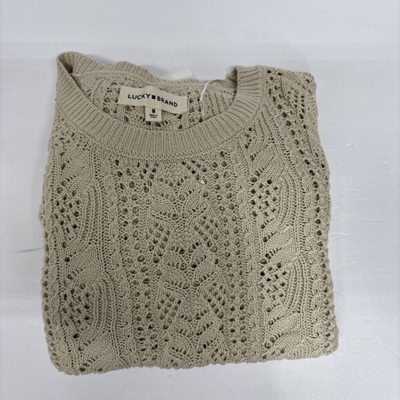 Lucky Brand Women Cotton Open-Stitch Pointelle Pullover Sweater Oat Size Medium - Picture 14 of 14
